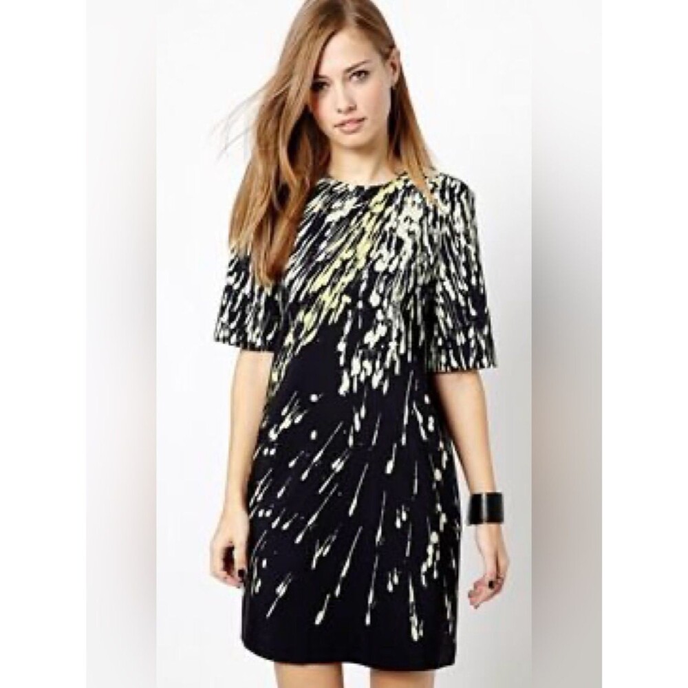 Whistles 100% Silk Splash Print Sheath Short Sleeve Mini Dress Blue Yellow Small